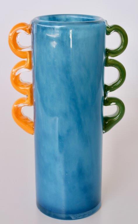 Tall Blue Glass Vase Orange, Green Handles